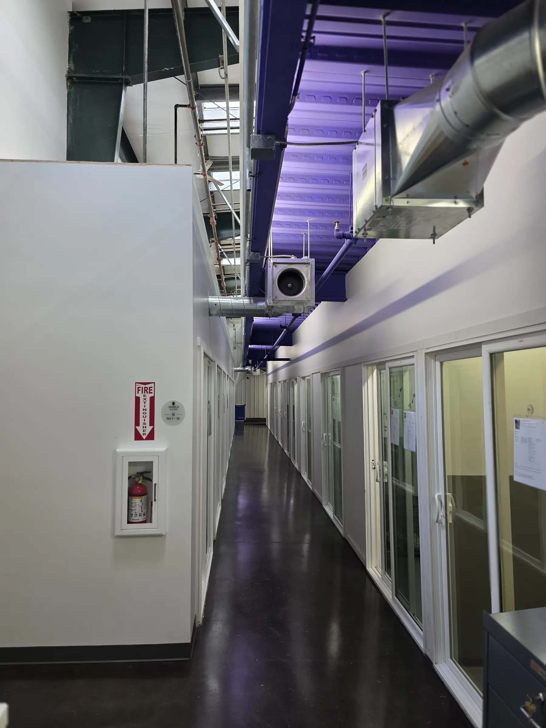 Commercial facility interior with exposed building systems